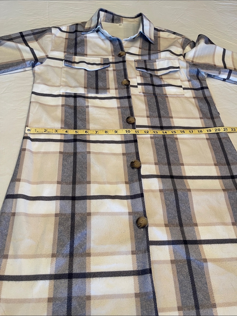 Long Plaid Shacket Coat in Cream & Gray - Picture 7 of 10